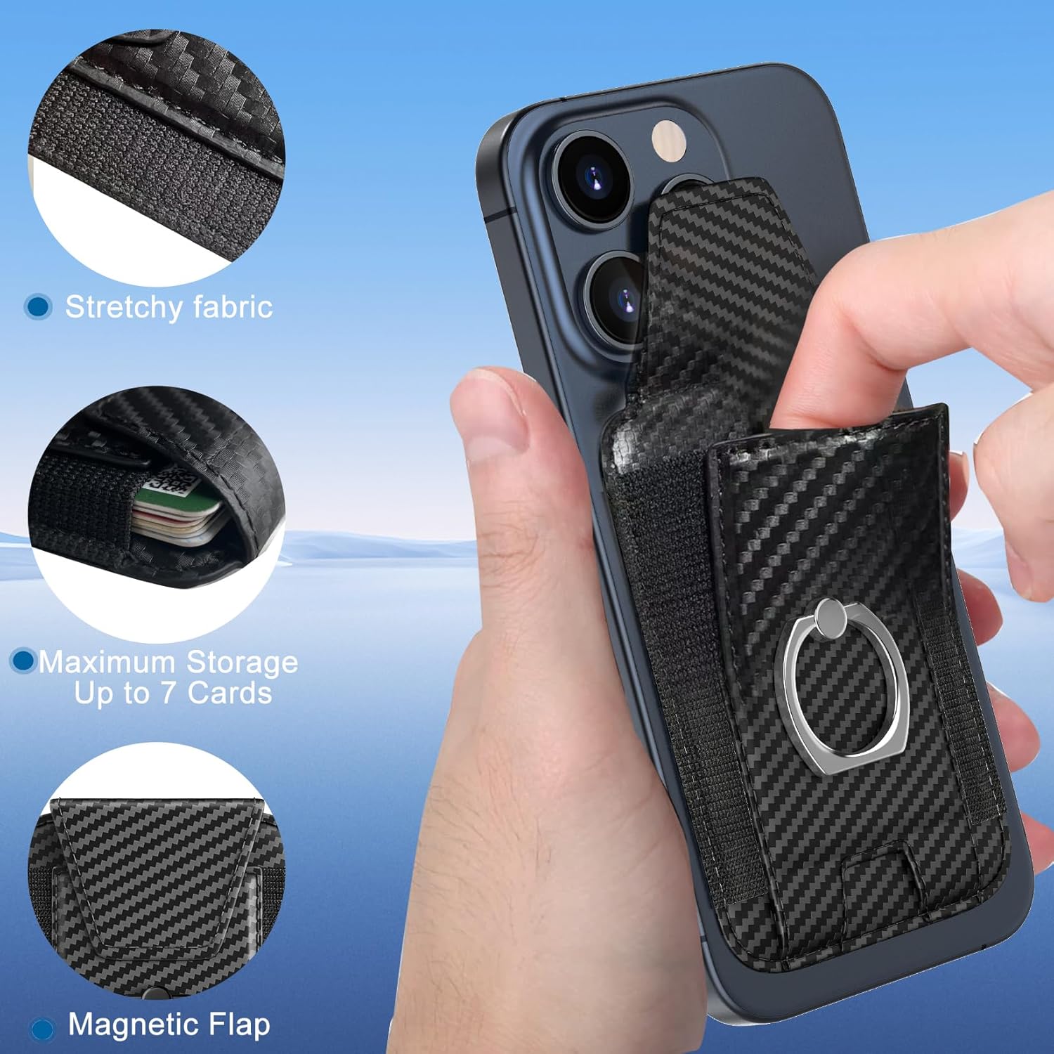 Electronics KPNEOL Magnetic Wallet Card Holder for iPhone 15/14/13/12 Series, 360°Rotation Finger Ring Kickstand, RFID Blocking, Store 7 Cards, Cell Phone Sleeves Mag-Safe Wallet Carbon Fibre Black