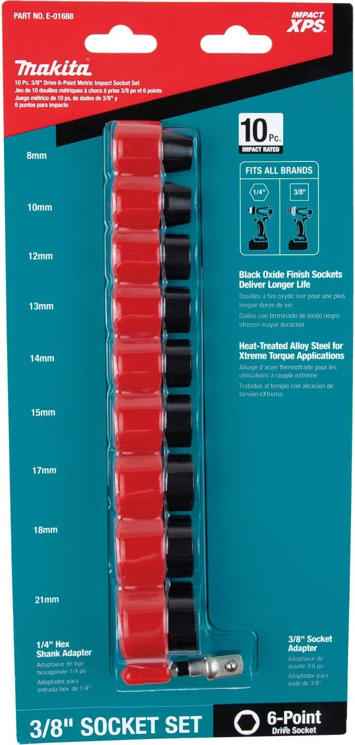 Makita E-01688 Impact XPS® 10 Pc. 3/8" Drive 6-Point Metric Impact Socket Set w/Standard Socket Adapter