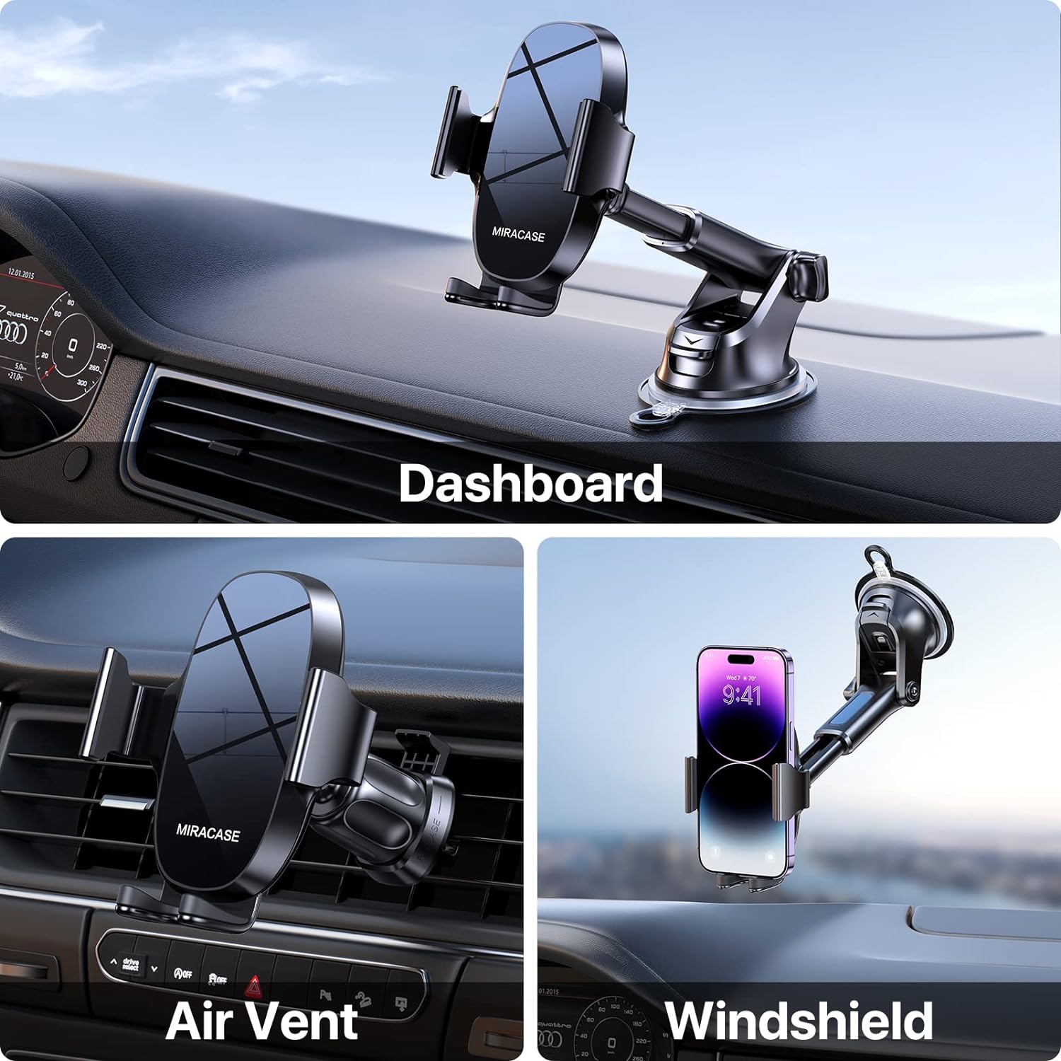 Miracase 3-in-1 Cell Phone Holders for Your Car, Universal Car Phone Holder Mount for Car Dashboard Windshield Compatible with iPhone 15 14 13 12 11 Pro Max Xs XR X, Galaxy Black