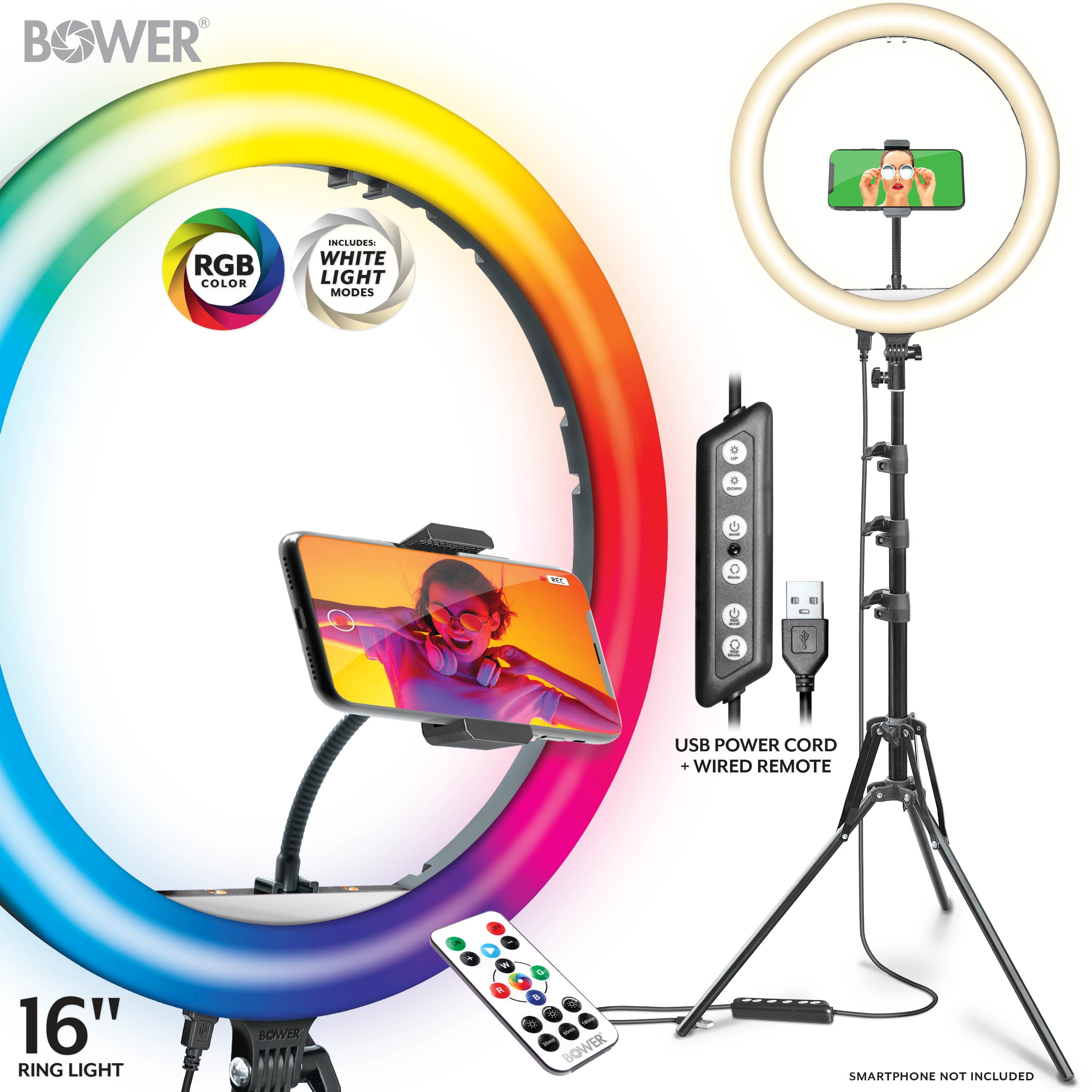 Electronics Bower Content Creator Kit with 16-inch RGB Ring Light, 62-inch Adjustable Tripod, and Green Screen for Content Creation Camera Accessory